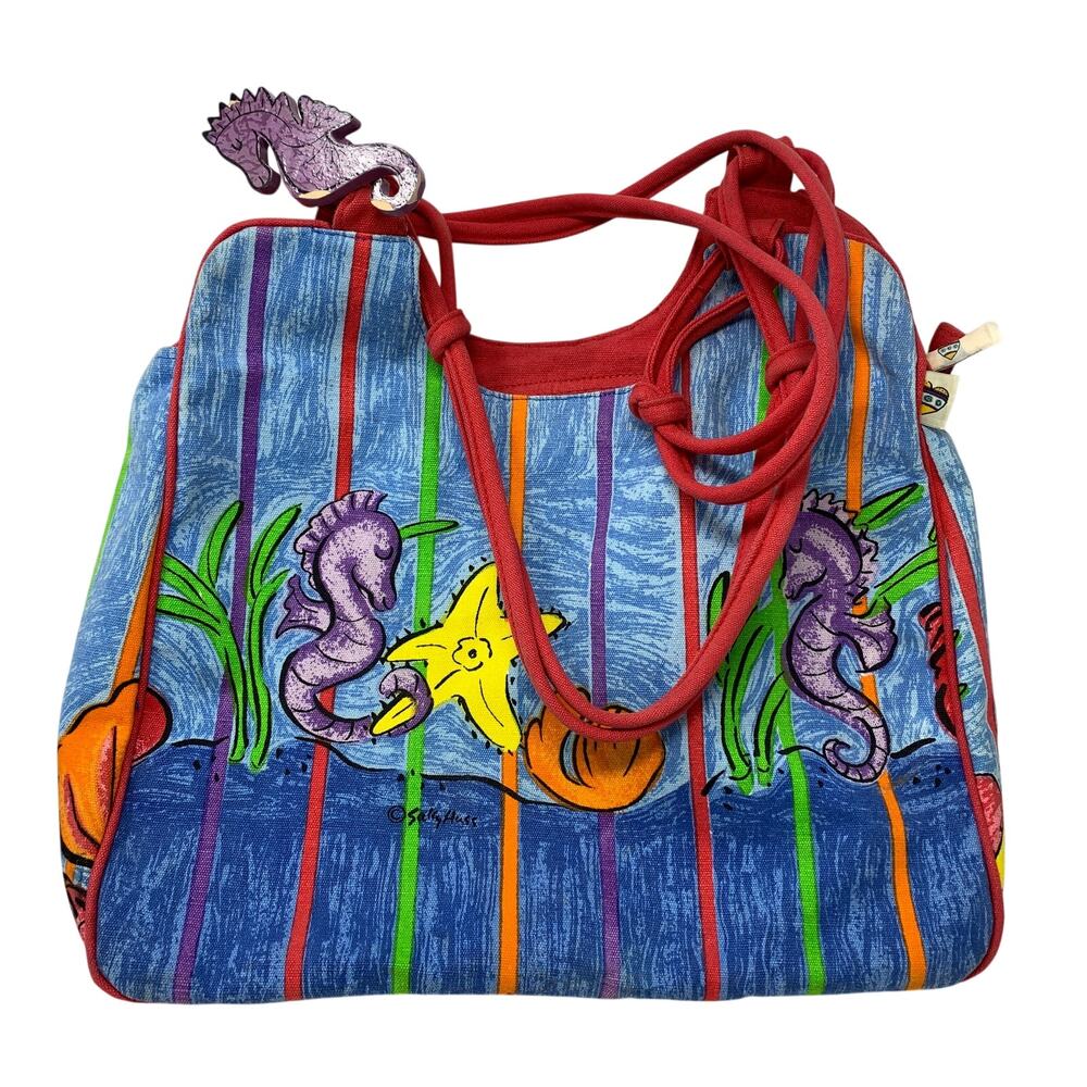 Sally Huss Seahorse Canvas Tote Bag Ocean Beach Shoulder Purse Whimsical Art VTG